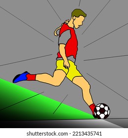 Soccer player quick shooting a ball. Vector illustration.