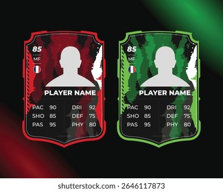 Soccer player rating card, Football player performance card with country flag, and a Customizable player statistic template