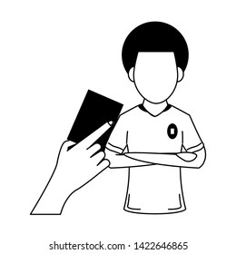 Soccer player with red card, referee hand holding card. vector illustration graphic design