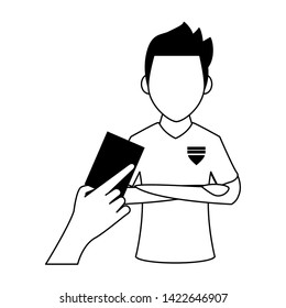 Soccer player with red card, referee hand holding card. vector illustration graphic design