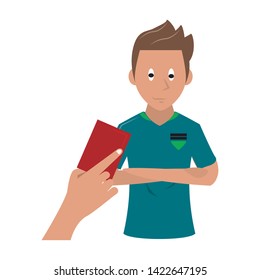 Soccer player with red card, referee hand holding card. vector illustration graphic design