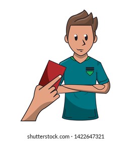 Soccer player with red card, referee hand holding card. vector illustration graphic design