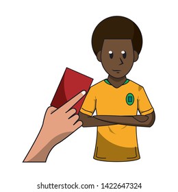 Soccer player with red card, referee hand holding card. vector illustration graphic design
