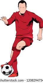 Soccer player with red jersey and ball vector Illustration