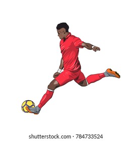 Soccer player in red jersey running and kicking ball, side view. Isolated vector illustration. Team sport