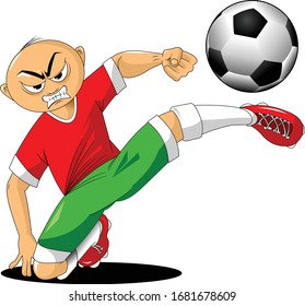 soccer player in a red shirt and green shorts kicks the ball, vector