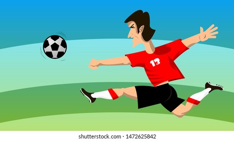soccer player in a red T-shirt and black shorts, jumping, kicks the ball. sports wallpaper. vector