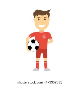 Soccer player in red uniform holding a ball. Football. Vector illustration