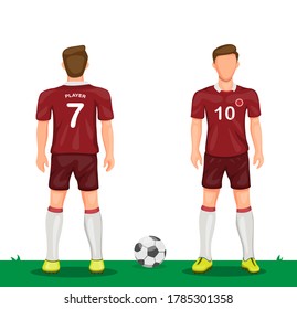 Soccer player in red uniform symbol icon set from rear and front view sport soccer jersey concept in cartoon illustration vector
