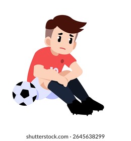 A soccer player reflecting with the ball beside him