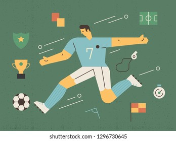 Soccer player and related goods decoration. flat design style minimal vector illustration