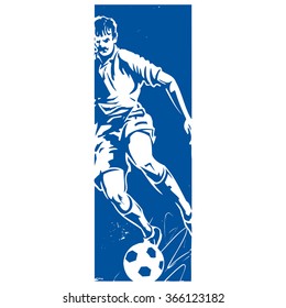 Soccer player reversed out line art from a dark verticle background with loose squggly lines around the soccer ball bleading off the edges