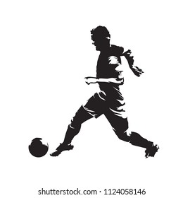 Soccer player running with ball, abstract scratched ink vector drawing. European football athlete. Isolated silhouette, side view