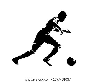 Soccer player running with ball, abstract isolated vector silhouette, side view. Team sport