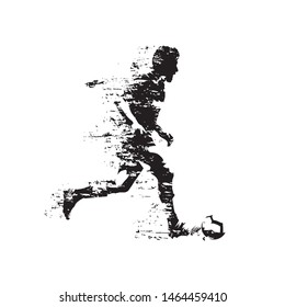 Soccer player running with ball, abstract grunge vector silhouette, side view