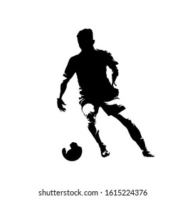 Soccer player running with ball, abstract isolated vector silhouette. Footballer ink drawing, comic style