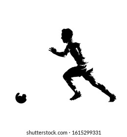 Soccer player running with ball, abstract isolated vector silhouette. Footballer ink drawing, comic style
