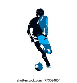 Soccer player running with ball, abstract blue vector silhouette