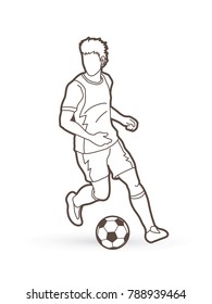 Soccer player running with soccer ball action outline graphic vector