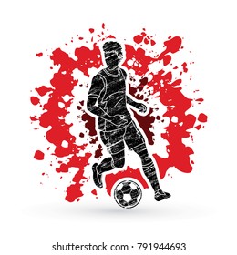 Soccer player running with soccer ball action designed on splatter ink graphic vector