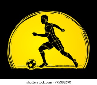 Soccer player running with soccer ball action designed on sunset background graphic vector