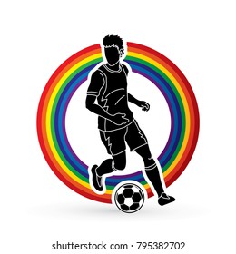 Soccer player running with soccer ball action designed on line rainbows background graphic vector