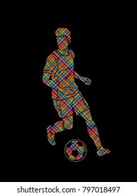 Soccer player running with soccer ball action designed using dots pixels graphic vector