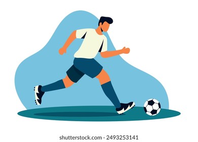 Jugador de fútbol que corre con la bola - Hombre atlético que juega el juego del deporte, entrenamiento del deportista del Profesional y el ejercicio - Ilustración vectorial gráfica plana aislada en el fondo blanco