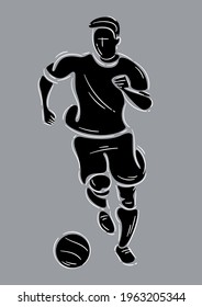 Jugador de fútbol corriendo con la pelota. Dibujo negro y gris con trazos simples