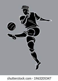 Jugador de fútbol corriendo con la pelota. Dibujo negro y gris con trazos simples