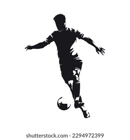 Jugador de fútbol con bola, futbolista, silueta vectorial aislada, dibujo de tinta, vista frontal