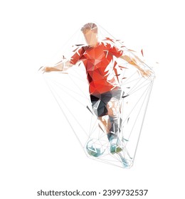 Soccer player running with ball, football player, isolated low poly vector illustration, polygonal drawing, front view