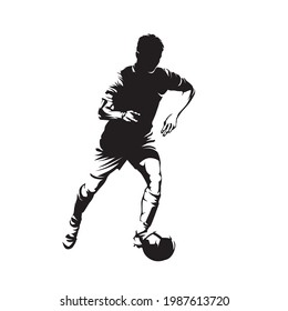 Soccer player running with ball, footballer isolated vector silhouette. Ink drawing. Front view