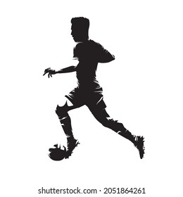 Soccer player running with ball, footballer isolated vector silhouette, football player, side view