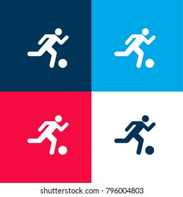 Soccer player running with the ball four color material and minimal icon logo set in red and blue