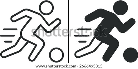 Soccer player running with ball icon set – outline and solid football vector symbol of sports, training, and competition