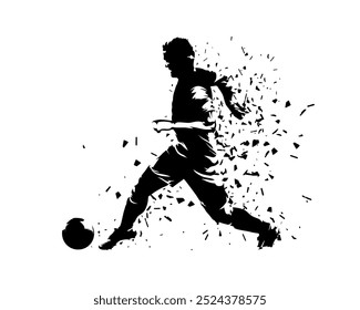 Soccer player running with ball, ink vector drawing. European football athlete. Isolated silhouette, side view