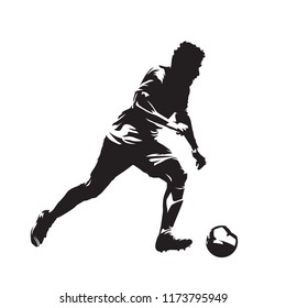 Soccer player running with ball, isolated vector silhouette, side view footballer