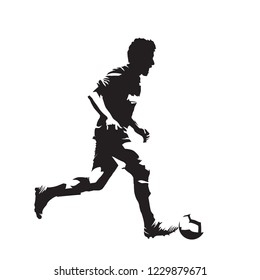 Soccer player running with ball, isolated vector silhouette. Ink drawing of footballer, side view