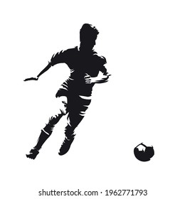Soccer player running with ball, isolated vector silhouette. Abstract soccer logo. Front view