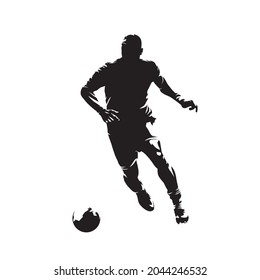 Soccer player running with ball, isolated vector silhouette, front view. Footballer ink drawing, striker