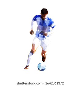 Soccer player running with ball, low poly isolated vector drawing, geometric footballer