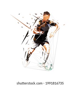 Soccer player running with ball, low polygonal footballer, isolated vector silhouette. Geometric drawing from triangles. Front view