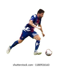 Soccer player running with ball, polygonal vector illustration. Side view. Footballer