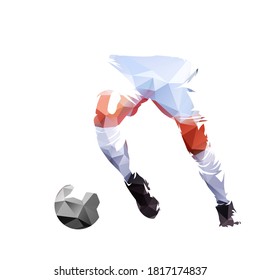 Soccer player running with ball, polygonal abstract isolated vector illustration. Footballer geometric drawing, low poly style
