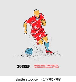 Soccer player running with the ball. Vector outline of Soccer player with scribble doodles.