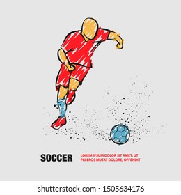 Soccer player running with the ball. Vector outline of soccer player with scribble doodles.