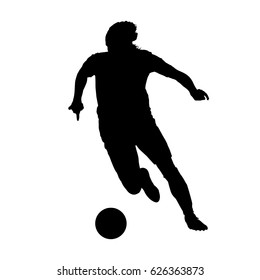 Soccer player is running with ball, vector silhouette