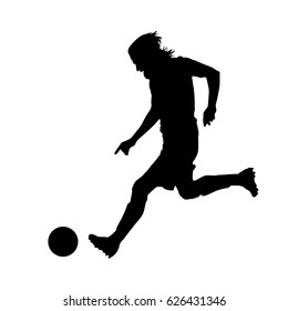 Soccer player is running with ball, vector silhouette
