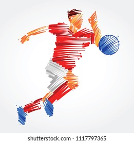 Soccer player running behind the ball made of colorful brushstrokes